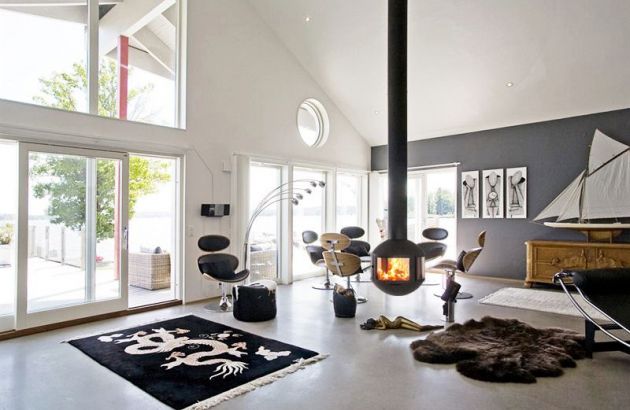 Suspended contemporary fireplace Agorafocus 630, in Sweden
