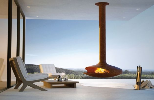outdoor fireplace with a suspended and pivoting hearth Gyrofocus rusted