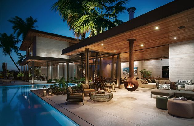 outdoor fireplace with a suspended and pivoting hearth,installed on a terrace witha  swimming pool, Bathyscafocus